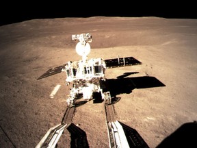 China's lunar rover, leaves wheel marks after leaving the lander that touched down on the surface of the far side of the moon.