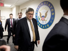 Attorney General nominee Bill Barr arrives for a meeting with Sen. Josh Hawley, R-Miss., a member of the Senate Judiciary Committee, in Hawley's office, Tuesday, Jan. 29, 2019, in Washington.