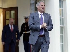 House Majority Leader Kevin McCarthy, R-Calif., followed by House Majority Whip Steve Scalise, R-La., walk from the West Wing of the White House to speak with reporters after a meeting with President Donald Trump on border security Wednesday, Jan. 2, 2019, in Washington.