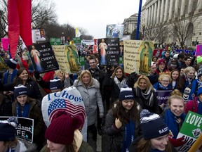 Anti-abortion activists march towards the U.S. Supreme Court during the March for Life in Washington, Friday, Jan. 18, 2019.