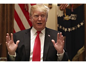President Donald Trump gestures while speaking about tariffs, Thursday, Jan. 24, 2019, in the Cabinet Room of the White House in Washington.