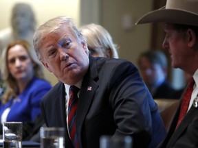 President Donald Trump listens as he leads a roundtable discussion on border security with local leaders, Friday, Jan. 11, 2019, in the Cabinet Room of the White House in Washington.