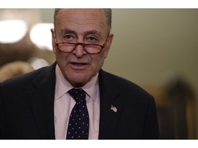 Senate Minority Leader Chuck Schumer, D-N.Y., speaks to reporters asking about the threat of another government shutdown following their weekly strategy meeting, at the Capitol in Washington, Tuesday, Jan. 29, 2019. With the government funded for three weeks, it's up to a group of House and Senate negotiators to avoid another closure.