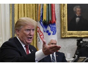 President Donald Trump speaks during a meeting with Chinese Vice Premier Liu He in the Oval Office of the White House in Washington, Thursday, Jan. 31, 2019.