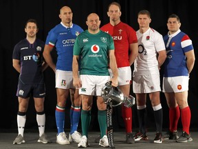 The team captains pose during a photocall for the launch of the Rugby Six Nations tournament in London, Wednesday, Jan. 23, 2019. The captains from left: Scotland's Greig Laidlaw, Italy's Sergio Parisse, Ireland's Rory Best, Wales' Alun Wyn Jones, England's Owen Farrell and France's Guilhem Guirado.
