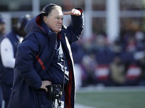 New England Patriots head coach Bill Belichick watches from the sideline during the first half of an NFL divisional playoff football game against the Los Angeles Chargers, Sunday, Jan. 13, 2019, in Foxborough, Mass.