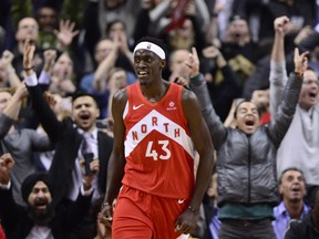 Toronto Raptors forward Pascal Siakam (43) smiles after making the game winning basket against the Phoenix Suns during half NBA basketball action in Toronto on Thursday Jan. 17, 2019.