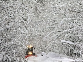 A road in a forest is cleaned from snow in Schongau, southern Germany, Thursday, Jan. 10, 2019 after Austria and southern Germany were hit by heavy snowfall.