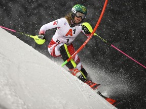 Austria's Katharina Liensberger competes during an alpine ski, women's World Cup slalom in Flachau, Austria, Tuesday, Jan. 8, 2019.