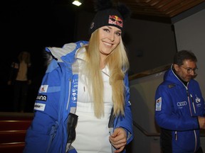 Lindsey Vonn, of the United States, smiles as she arrives for a news conference in Cortina Ampezzo, Italy, Wednesday, Jan. 16, 2019.