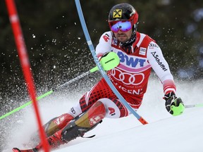 Austria's Marcel Hirscher competes during an alpine ski, men's World Cup slalom in Wengen, Switzerland, Sunday, Jan. 20, 2019.