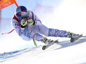 United States' Lindsey Vonn speeds down the course during an alpine ski, women's World Cup downhill in Cortina D'Ampezzo, Italy, Friday, Jan. 18, 2019.
