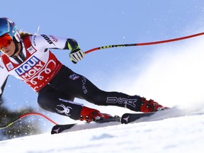 United States' Mikaela Shiffrin speeds down the course during an alpine ski, women's World Cup super-G in Cortina D'Ampezzo, Italy, Sunday, Jan. 20, 2019.