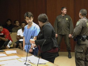 FILE - In this April 17, 2017, file photo, Yu Wei Gong, left, speaks to Deputy Public Defender Diamond Grace in court in Honolulu. Gong, the man who admitted to killing and dismembering his mother during an argument in their Honolulu apartment, was sentenced Monday, Jan. 14, 2019, to 30 years in prison.