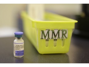 FILE- This Feb. 6, 2015, file photo, shows a measles, mumps and rubella vaccine on a countertop at a pediatrics clinic in Greenbrae, Calif. Health officials say the number of confirmed cases of measles in western Washington has grown to 30, with nine more cases suspected. Clark County Public Health said Friday, Jan. 25, 2019, that 29 of the cases are in southwest Washington and one confirmed case is in King County, which is home to Seattle.