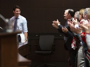 Prime Minister Justin Trudeau addresses his national caucus on Parliament Hill in Ottawa on Sunday, January 20, 2019.