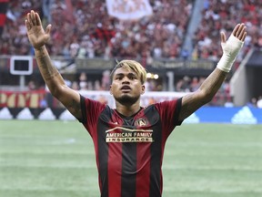 FILE - In this June 2, 2018, file photo, Atlanta United's Josef Martinez celebrates his goal on a penalty kick against the Philadelphia Union during the first half of an MLS soccer match, in Atlanta. Major League Soccer MVP Josef Martinez has signed a five-year contract extension with Atlanta United, ending speculation that he might be heading back to Europe after a record season. Atlanta United announced the deal Wednesday, Jan. 16, 2019, which runs through the 2023 season.