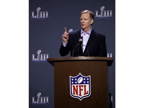 NFL Commissioner Roger Goodell answers a question during a news conference for the NFL Super Bowl 53 football game Wednesday, Jan. 30, 2019, in Atlanta.