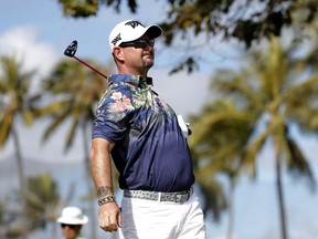 Rory Sabbatini watches his shot from 10th tee during the first round of the Sony Open PGA Tour golf event, Thursday, Jan. 10, 2019, at the Waialae Country Club in Honolulu, Hawaii.