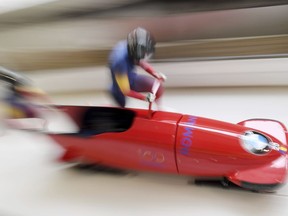 Andreea Grecu und Teodora Andreea Vlad from Rumania compete during the women's bobsled World Cup race in Schoenau am Koenigsee, Germany, Saturday, Jan. 12, 2019.