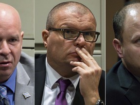 FILE - This combination of Nov. 28, 2018 file photos shows former Chicago Police officer Joseph Walsh, left, former detective David March and former officer Thomas Gaffney during a bench trial before Judge Domenica A. Stephenson at Leighton Criminal Court Building in Chicago. Cook County Judge Domenica Stephenson is set to announce a verdict Thursday, Jan. 17, 2019, for the three Chicago police officers accused of lying in their reports to protect the white officer who fatally shot black teenager Laquan McDonald.