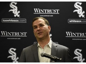 Chicago White Sox senior vice president and general manager Rick Hahn responds to a question during the baseball team's convention Friday, Jan. 25, 2019, in Chicago.