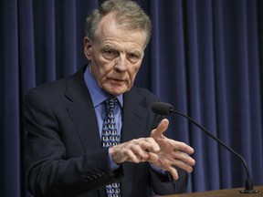 FILE - In this July 26, 2017 file photo, Illinois Speaker of the House Michael Madigan, D-Chicago, speaks at a news conference at the state Capitol, Wednesday, July 26, 2017, in Springfield, Ill. A published report citing a federal court affidavit says the FBI secretly recorded Illinois' powerful House speaker in 2014 discussing a hotel development project. Tuesday's Chicago Sun-Times' report on Madigan suggests a federal investigation may cast a wider net than first thought after it led to a charge earlier this month against another Chicago alderman, Ed Burke. A Madigan lawyer denied any wrongdoing and said they have no indication Madigan is under investigation.