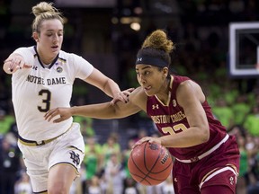 Boston College's Lana Hollingsworth, right, drives in next to Notre Dame's Marina Mabrey (3) during the first half of an NCAA college basketball game Sunday, Jan. 20, 2019, in South Bend, Ind.