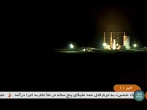 In this frame grab from Iranian state TV, a video, a rocket carrying a Payam satellite is launched at Imam Khomeini Space Center, a facility under the control of the country's Defense Ministry, in Semnan province, Iran, Tuesday, Jan. 15, 2019. According to Telecommunications Minister Mohammad Javad Azari Jahromi, the rocket failed to reach the "necessary speed" in the third stage of its launch.