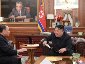 In this Wednesday, Jan. 23, 2019, photo provided on Thursday, Jan. 24, 2019 by the North Korean government, North Korean leader Kim Jong Un, right, meets Kim Yong Chol, who traveled to Washington to discuss denuclearization talks, in Pyongyang, The North's Korean Central News Agency said Thursday that Kim Jong Un received a letter from U.S. President Donald Trump from the North Korean envoy who travelled to Washington and met Trump last week. North Korea. Independent journalists were not given access to cover the event depicted in this image distributed by the North Korean government. The content of this image is as provided and cannot be independently verified. Korean language watermark on image as provided by source reads: "KCNA" which is the abbreviation for Korean Central News Agency. (Korean Central News Agency/Korea News Service via AP)