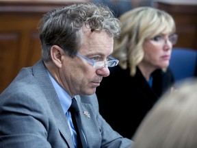U.S. Sen. Rand Paul, left, R-Ky., and wife Kelley Paul listen to questions Monday, Jan. 28, 2019, during jury selection in a civil trial in Warren Circuit Court in Bowling Green, Ky.