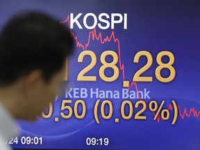 A currency trader stands near the screen showing the Korea Composite Stock Price Index (KOSPI) at the foreign exchange dealing room in Seoul, South Korea, Thursday, Jan. 24, 2019. Asian stocks were mostly higher on Thursday as positive U.S. earnings reports reassured investors that the world's largest economy was on track.