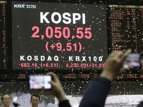A huge screen shows the Korea Composite Stock Price Index (KOSPI) during the opening of the 2019 trading year at the Korea Exchange in Seoul, South Korea, Wednesday, Jan. 2, 2019.