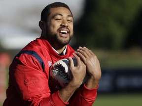 FILE - In this Friday, June 9, 2017 file photo, British and Irish Lions forward Taulupe Faletau catches a ball during a training session in in Christchurch, New Zealand. Wales No. 8 Taulupe Faletau has broken a forearm again and will likely miss the Six Nations, it was confirmed by his Bath club on Tuesday Jan. 15, 2019, three days after the fracture occurred in a European Champions Cup fixture.