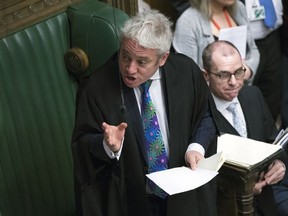 Speaker of the House of Commons John Bercow speaks during a debate before a government no-confidence vote in the House of Commons, London, Wednesday Jan. 16, 2019.  Prime Minister Theresa May won a no confidence vote later Wednesday.