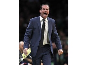Brooklyn Nets head coach Kenny Atkinson yells at his players during the first quarter of an NBA basketball game against the Boston Celtics in Boston, Monday, Jan. 28, 2019.