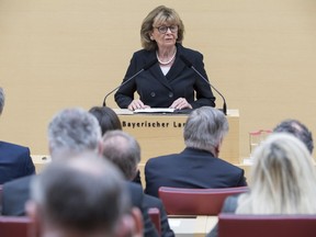 Charlotte Knobloch, Holocaust survivor and former head of Germany's Central Council of Jews, speaks at the Bavarian Parliament in Munich, Germany, Wednesday, Jan. 23, 2019. More than a dozen lawmakers from the far-right Alternative for Germany walked out of Bavarian state parliament during her speech.