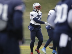 New England Patriots running back James White (28) warms up during an NFL football practice, Wednesday, Jan. 16, 2019, in Foxborough, Mass. The Patriots are scheduled to face the Kansas City Chiefs in the AFC championship game, Sunday, Jan. 20, in Kansas City.