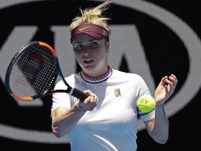 Ukraine's Elina Svitolina makes a forehand return to United States' Madison Keys during their fourth round match at the Australian Open tennis championships in Melbourne, Australia, Monday, Jan. 21, 2019.