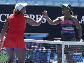 United States' Sloane Stephens, right, is congratulated by compatriot Taylor Townsend after winning their first round match at the Australian Open tennis championships in Melbourne, Australia, Monday, Jan. 14, 2019.