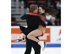 Madison Chock and Evan Bates perform in the rhythm dance program during the U.S. Figure Skating Championships, Friday, Jan. 25, 2019, in Detroit.