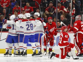 Montreal Canadiens right wing Brendan Gallagher (11) celebrates his goal against the Detroit Red Wings in the second period of an NHL hockey game Tuesday, Jan. 8, 2019, in Detroit.