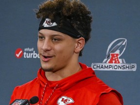 Kansas City Chiefs quarterback Patrick Mahomes answers questions during a news conference Wednesday, Jan. 16, 2019, in Kansas City, Mo. The Chiefs are scheduled to play the New England Patriots for the NFL football AFC championship Sunday.