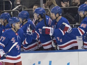 New York Rangers defenseman Tony DeAngelo (77) is congratulated after scoring a goal during the first period of the team's NHL hockey game against the Carolina Hurricanes, Tuesday, Jan. 15, 2019, at Madison Square Garden in New York.