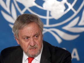 FILE - In this Wednesday, Feb. 18, 2015, file photo, Nicholas Haysom, then the top UN envoy in Afghanistan, speaks during a press conference in Kabul. Somalia's government on Tuesday, Jan. 1, 2019 ordered Nicholas Haysom, the United Nations envoy to Somalia, to leave amid questions over the arrest of the al-Shabab extremist group's former deputy leader Mukhtar Robow who had run for a regional presidency.