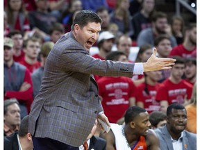 Clemson coach Brad Brownell shouts to his team during the first half of an NCAA college basketball game against North Carolina State in Raleigh, N.C., Saturday, Jan. 26, 2019.