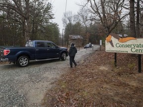 Conservators Center workers let a pickup truck enter property in Burlington, N.C., Monday, Dec. 31, 2018. An intern was cleaning an animal enclosure at the North Carolina wildlife center when a lion escaped from a nearby pen and attacked her, killing the young woman and sending visitors out of the zoo, authorities said.