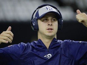 Los Angeles Rams' Jared Goff warms up before the NFL football NFC championship game against the New Orleans Saints Sunday, Jan. 20, 2019, in New Orleans.