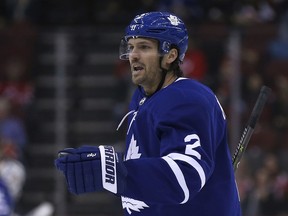Toronto Maple Leafs' Ron Hainsey celebrates after scoring a goal against the New Jersey Devils during the first period of an NHL hockey game Thursday, Jan. 10, 2019, in Newark, N.J.