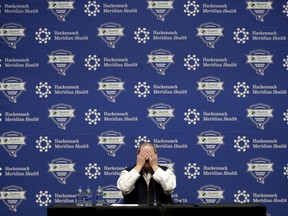 New York Giants general manager Dave Gettleman grabs his face while speaking during an end-of-season press conference at the NFL football team's training facility, Wednesday, Jan. 2, 2019, in East Rutherford, N.J. The Giants finished with a record of 5-11, last in the NFC East division.